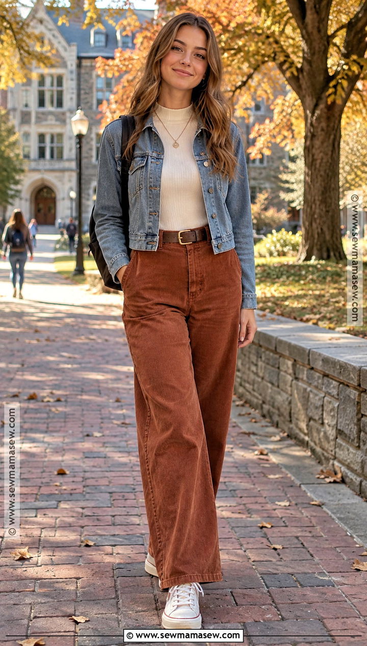 Corduroy Pants And Fitted Long Sleeve Top College Fall Outfit - 15 college fall outfits casual