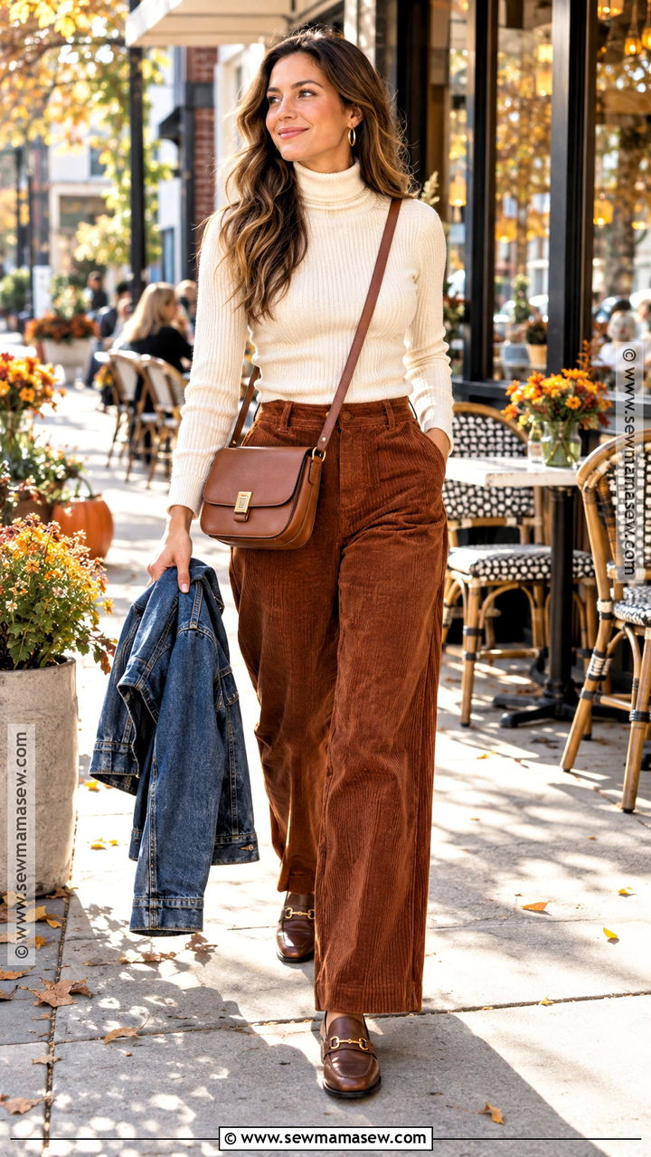Corduroy Pants And Fitted Sweater Brunch Outfit - 20 Brunch Outfit Fall Casual Ideas