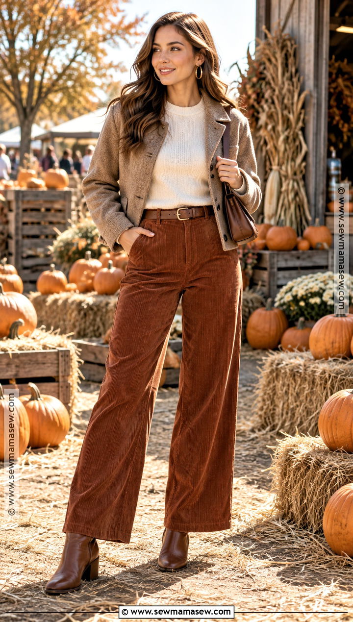 Corduroy Pants And Fitted Sweater Outfit - 25 cute pumpkin patch outfits