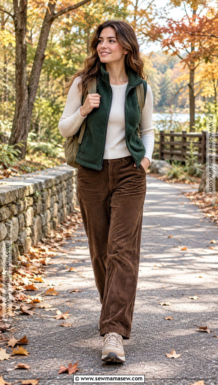Corduroy Pants And Fleece Vest Walking Outfit - 15 Cute Walking Outfits Fall