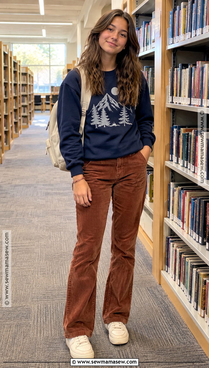 Corduroy Pants And Graphic Sweatshirt Outfit - 20 middle school back to school outfits