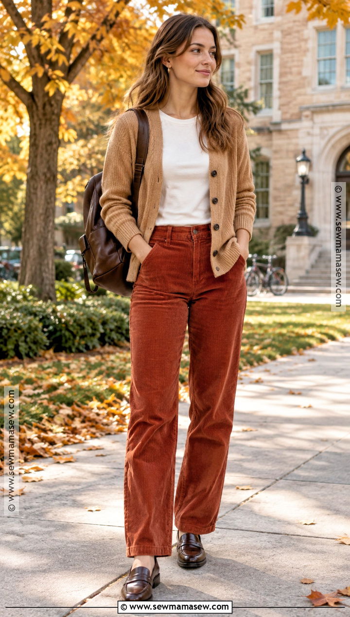 Corduroy Pants And Knit Cardigan School Outfit - 25 back to school outfit ideas