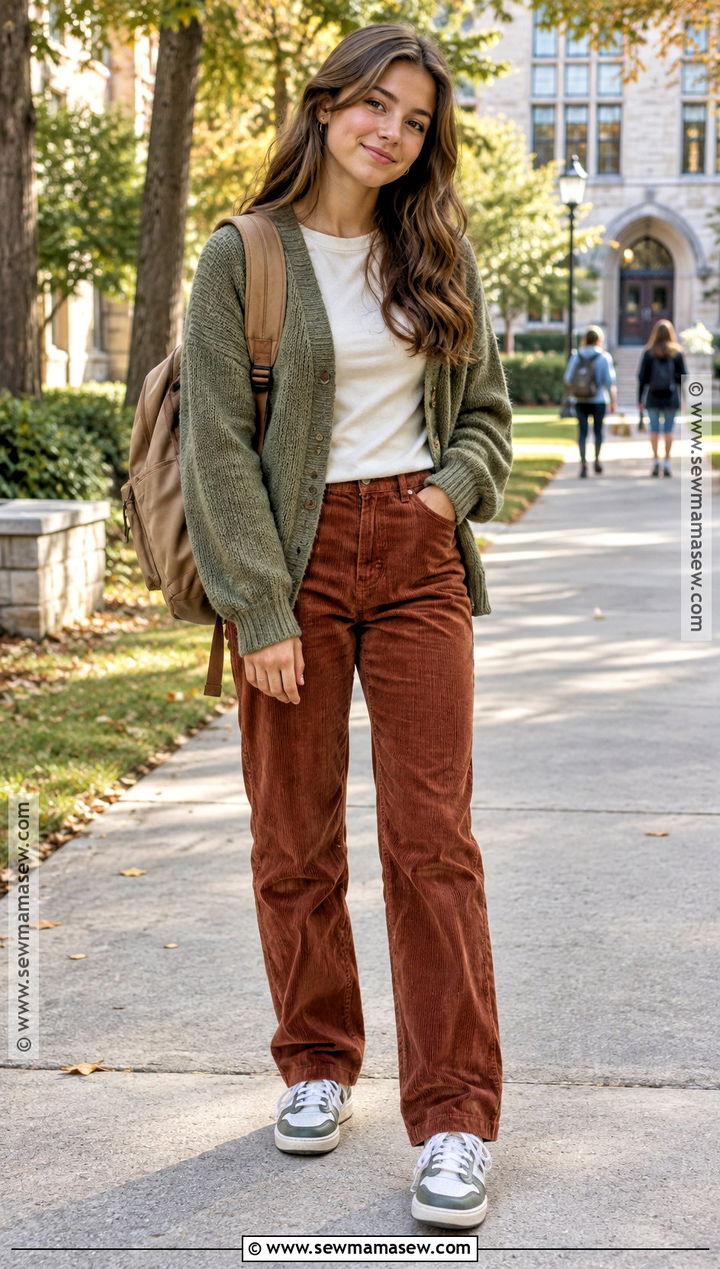 Corduroy Pants And Knit Cardigan School Outfit - 15 back to school outfits dress code approved