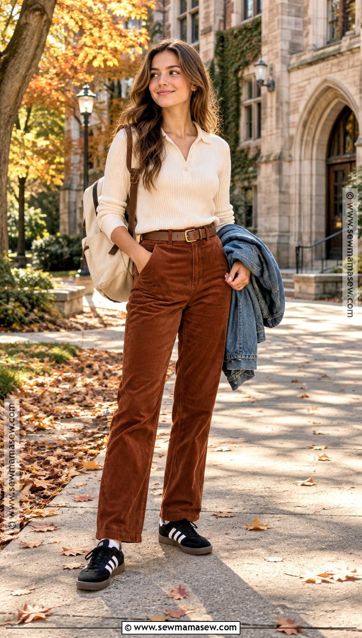 Corduroy Pants And Knit Polo With Sambas - 20 Back To School Outfits Sambas