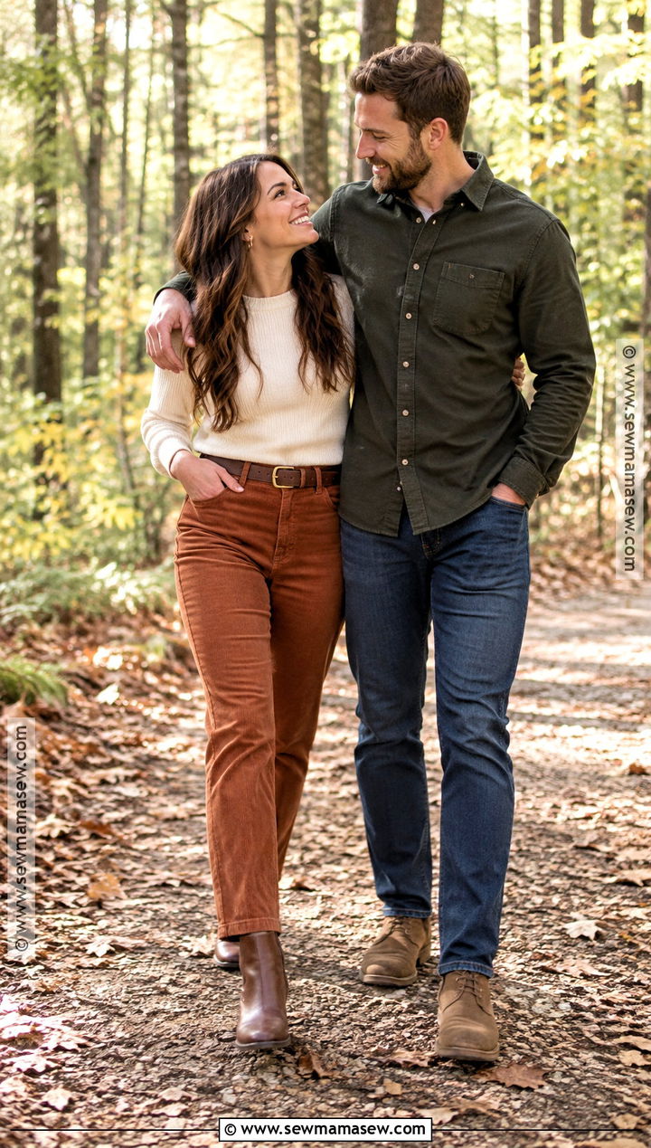 Corduroy Pants And Knit Sweater Fall Engagement Photo Outfit - 20 outdoor engagement photos outfits fall