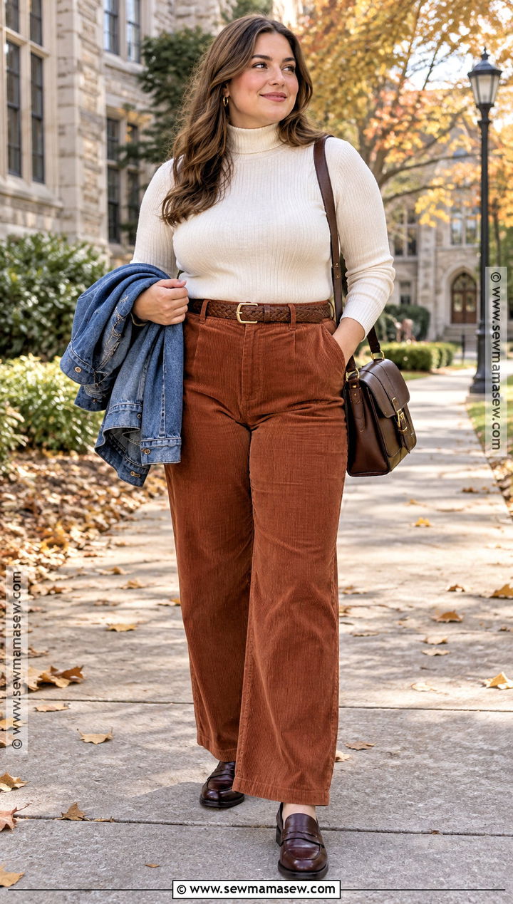 Corduroy Pants And Knit Top Fall Outfit - 20 Fall Outfits For Mid Size for Women