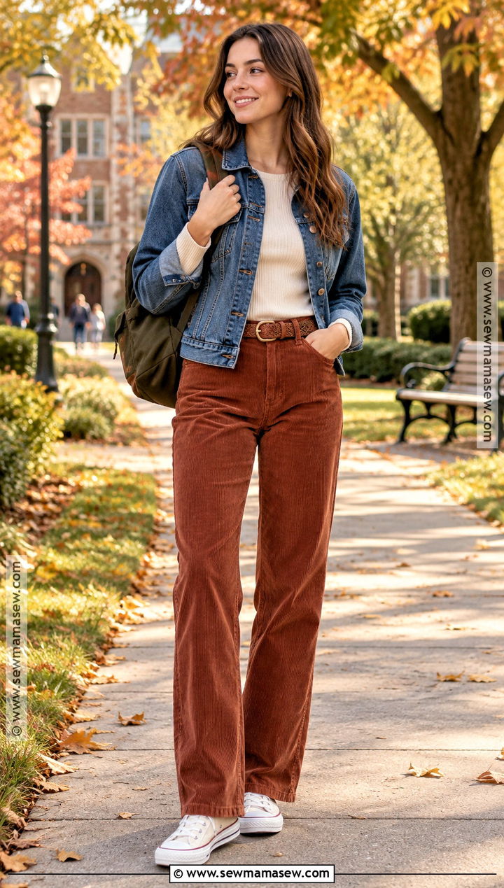 Corduroy Pants And Long Sleeve Tee Back To School Outfit - 20 outfit ideas for back to school