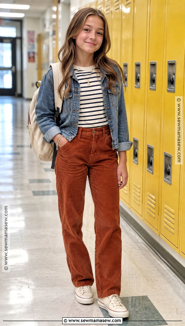 Corduroy Pants And Long Sleeve Tee Outfit - 25 back to school outfits middle school 6th grade