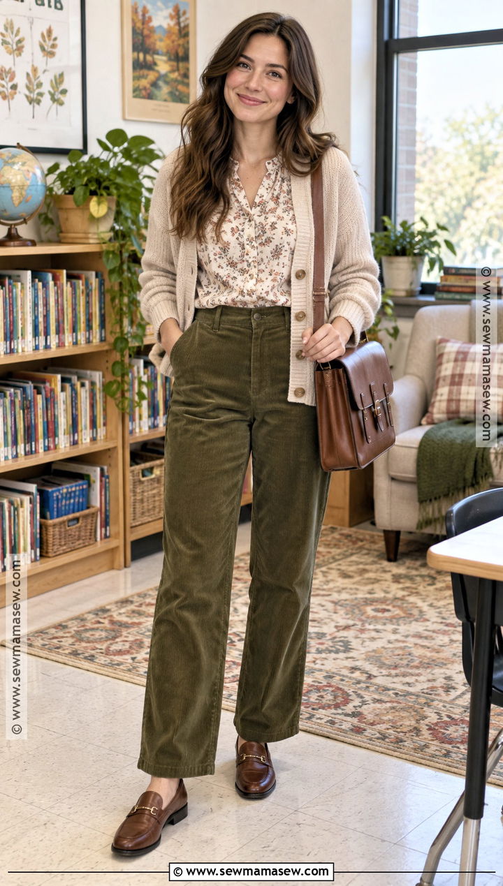 Corduroy Pants And Printed Blouse Teacher Outfit - 20 september teacher outfits
