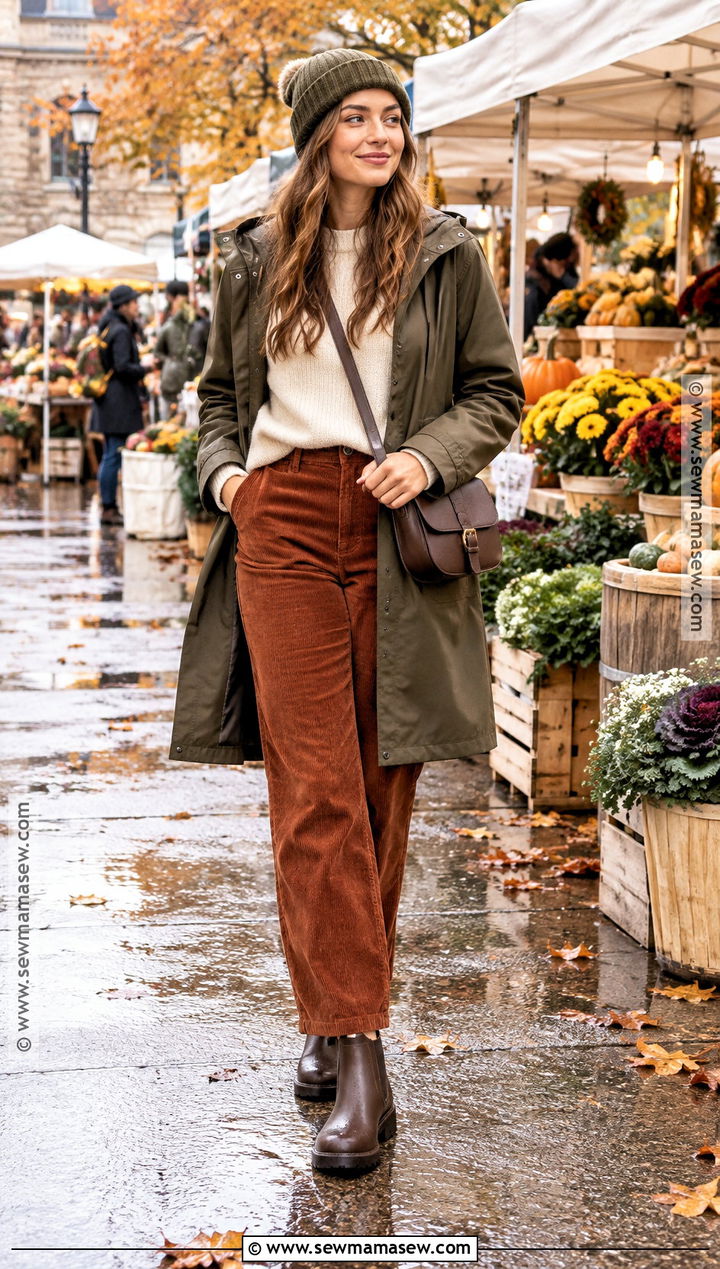 Corduroy Pants And Rain Jacket Outfit - 25 rainy fall outfit ideas