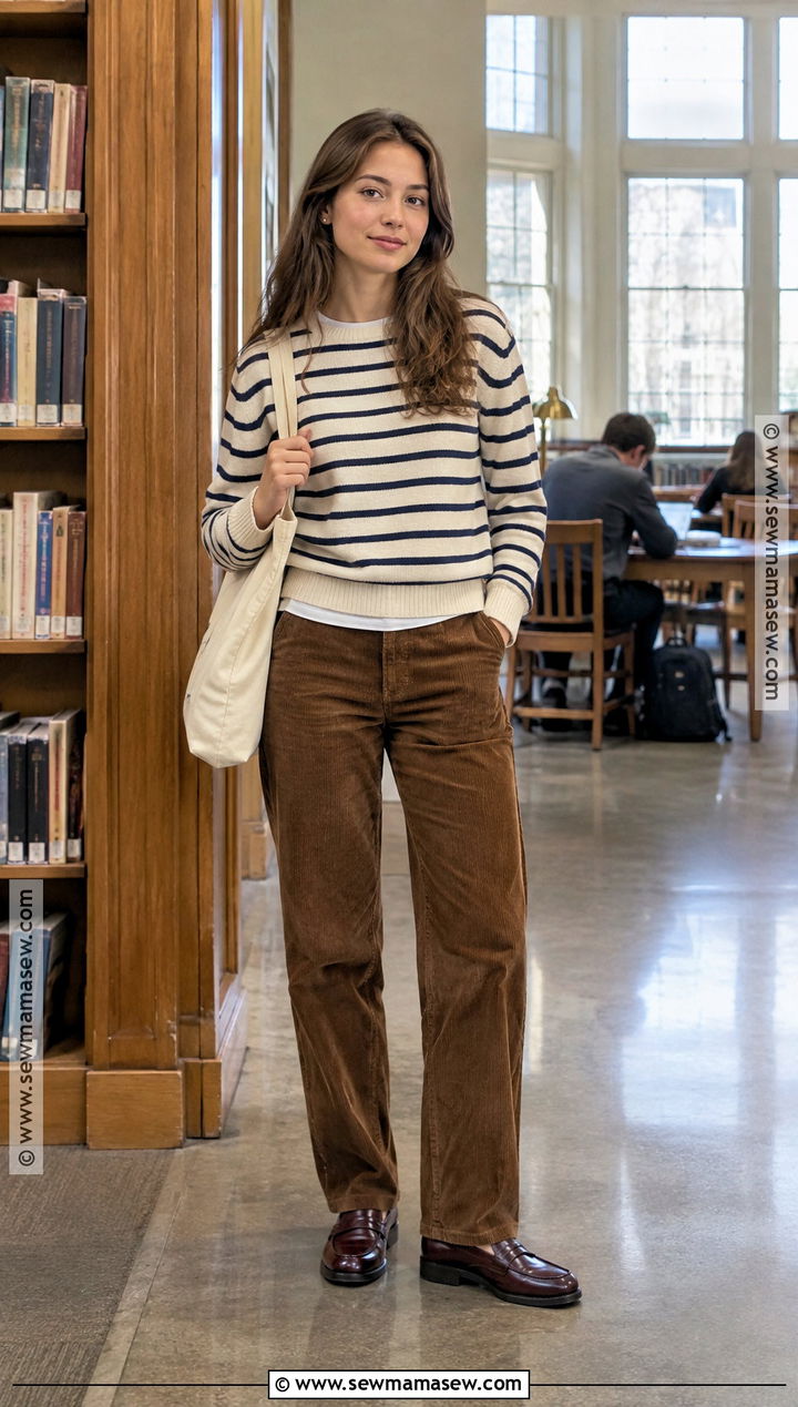 Corduroy Pants And Striped Sweater Back To School Outfit - 15 Back To School Outfits And Where From