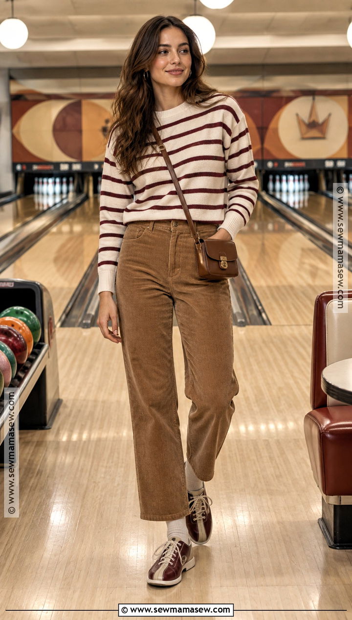 Corduroy Pants And Striped Sweater Bowling Outfit - 15 bowling outfit ideas fall