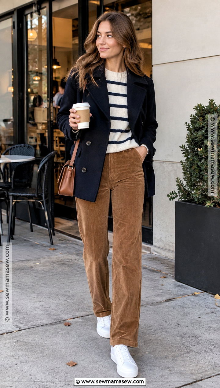 Corduroy Pants And Striped Sweater Coffee Date Outfit - 20 coffee date outfit fall ideas