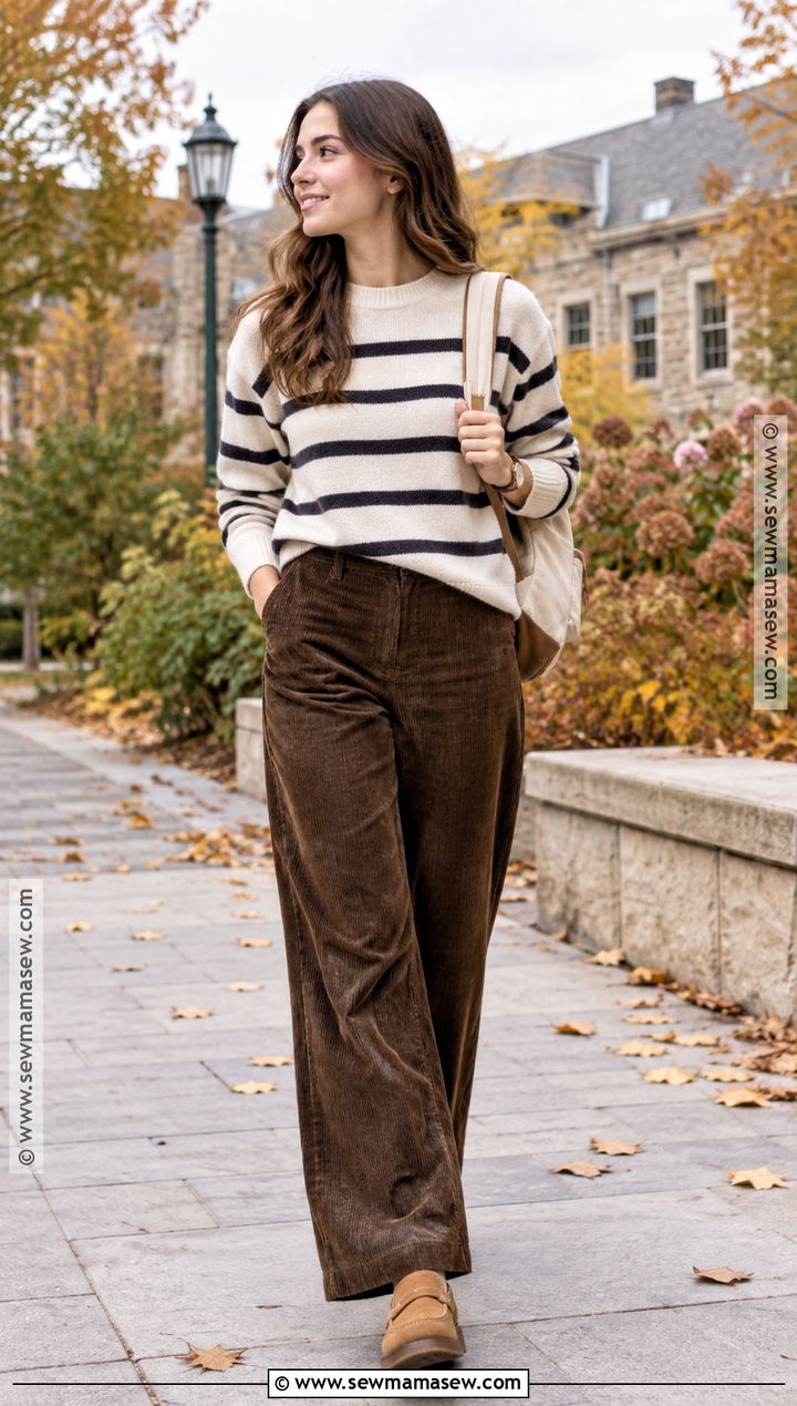 Corduroy Pants And Striped Sweater College Outfit - 25 autumn college outfits
