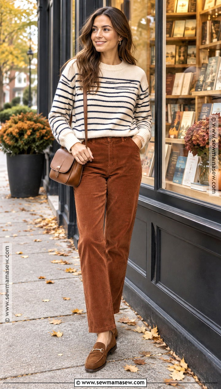 Corduroy Pants And Striped Sweater Fall Outfit - 15 adorable fall outfits