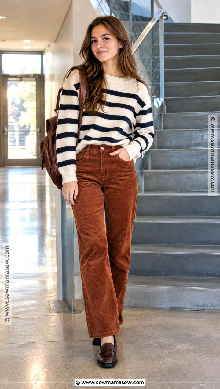 Corduroy Pants And Striped Sweater Outfit - 15 back-to-school fashion ideas
