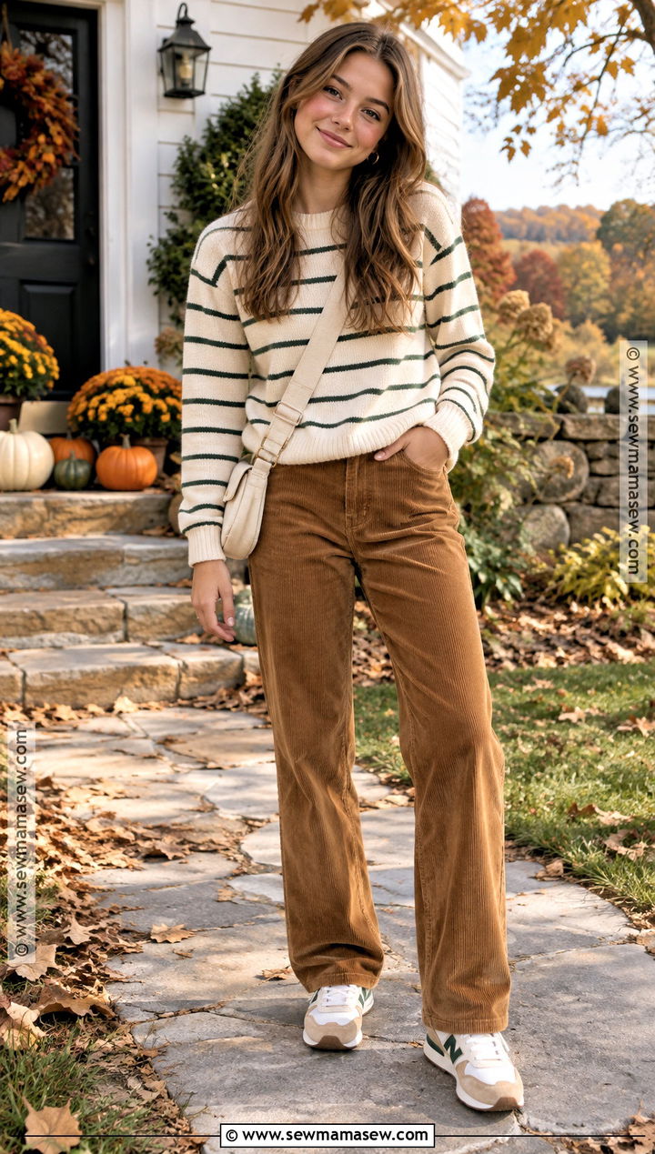 Corduroy Pants And Striped Sweater Thanksgiving Outfit - 20 Thanksgiving Outfit Teen Ideas for Girls
