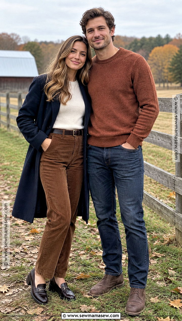 Corduroy Pants And Sweater Engagement Photo Outfit - 15 engagement photo shoot outfits fall