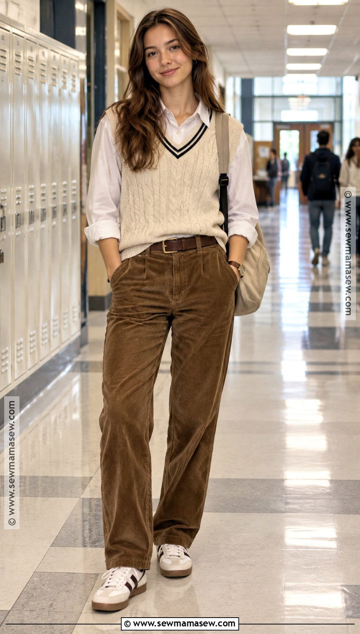 Corduroy Pants And Sweater Vest School Outfit - 15 high school back to school outfits 2026