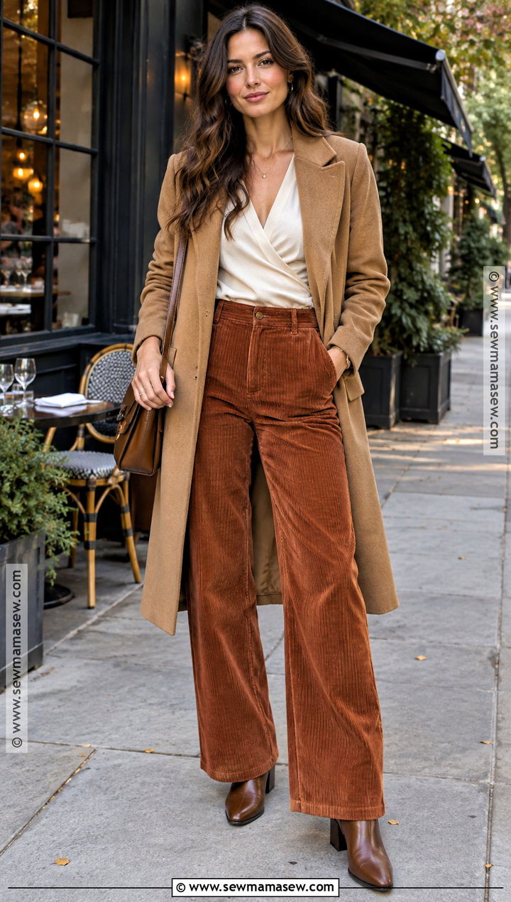Corduroy Pants And Wrap Top Dinner Outfit - 25 dinner outfit fall ideas