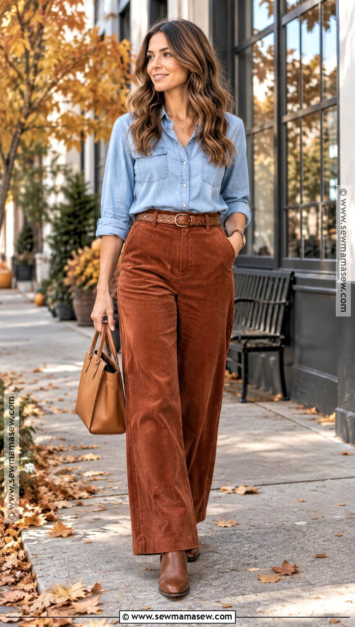 Corduroy Pants Chambray Shirt And Ankle Boots Fall Outfit - 15 Womens Fall Fashion Casual Ideas