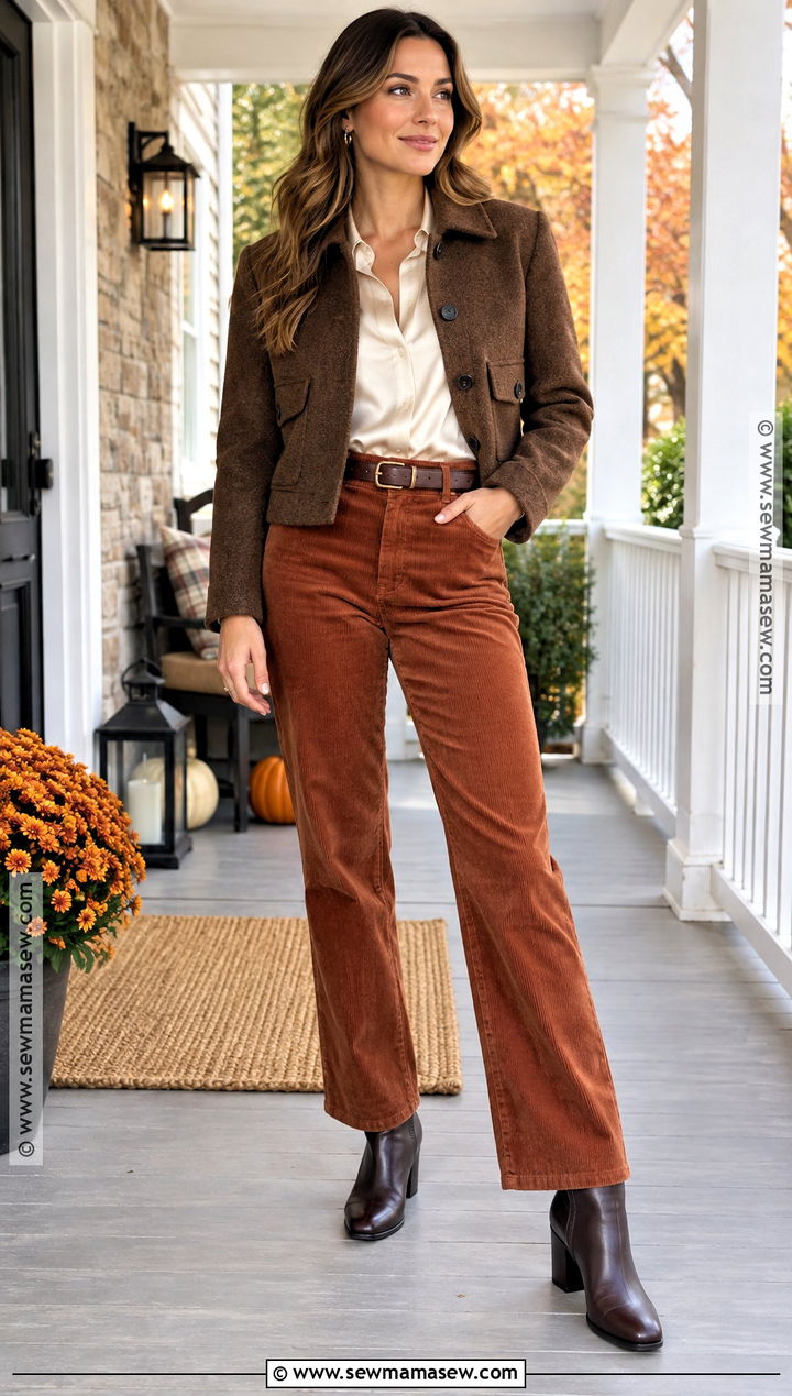 Corduroy Pants Engagement Photo Outfit With Silk Blouse - 15 engament photo outfits fall
