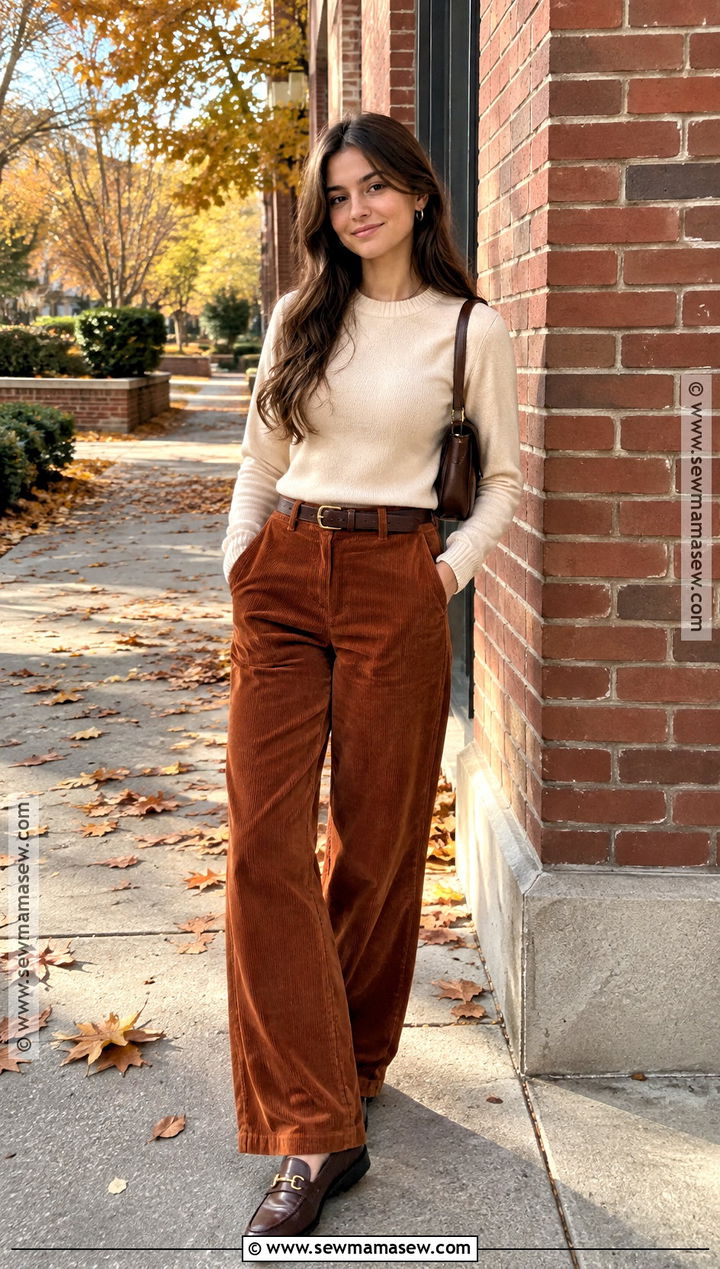 Corduroy Pants Fall Outfit With A Fitted Sweater - 20 teenage fall outfits