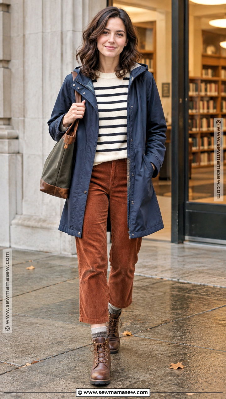 Corduroy Pants Striped Sweater And Raincoat Outfit - 25 autumn rainy day outfit ideas