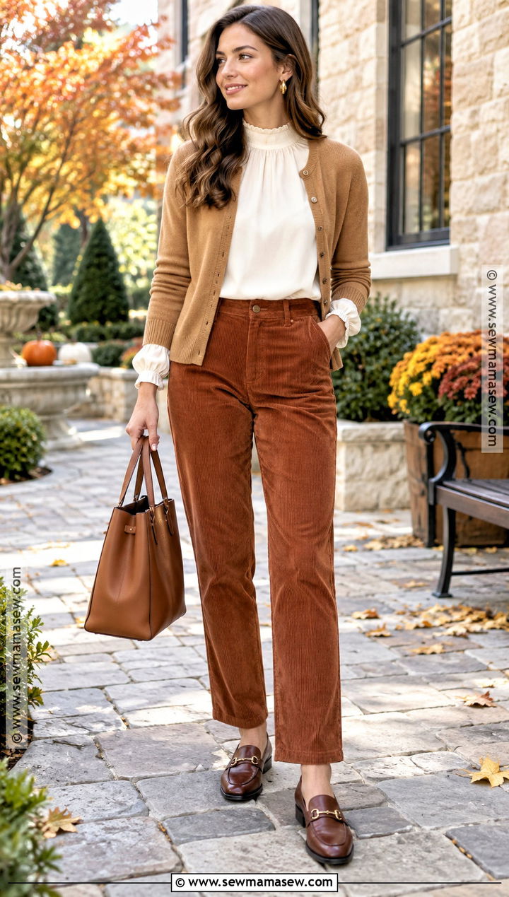 Corduroy Pants With Blouse and Loafers - 20 casual church outfits fall