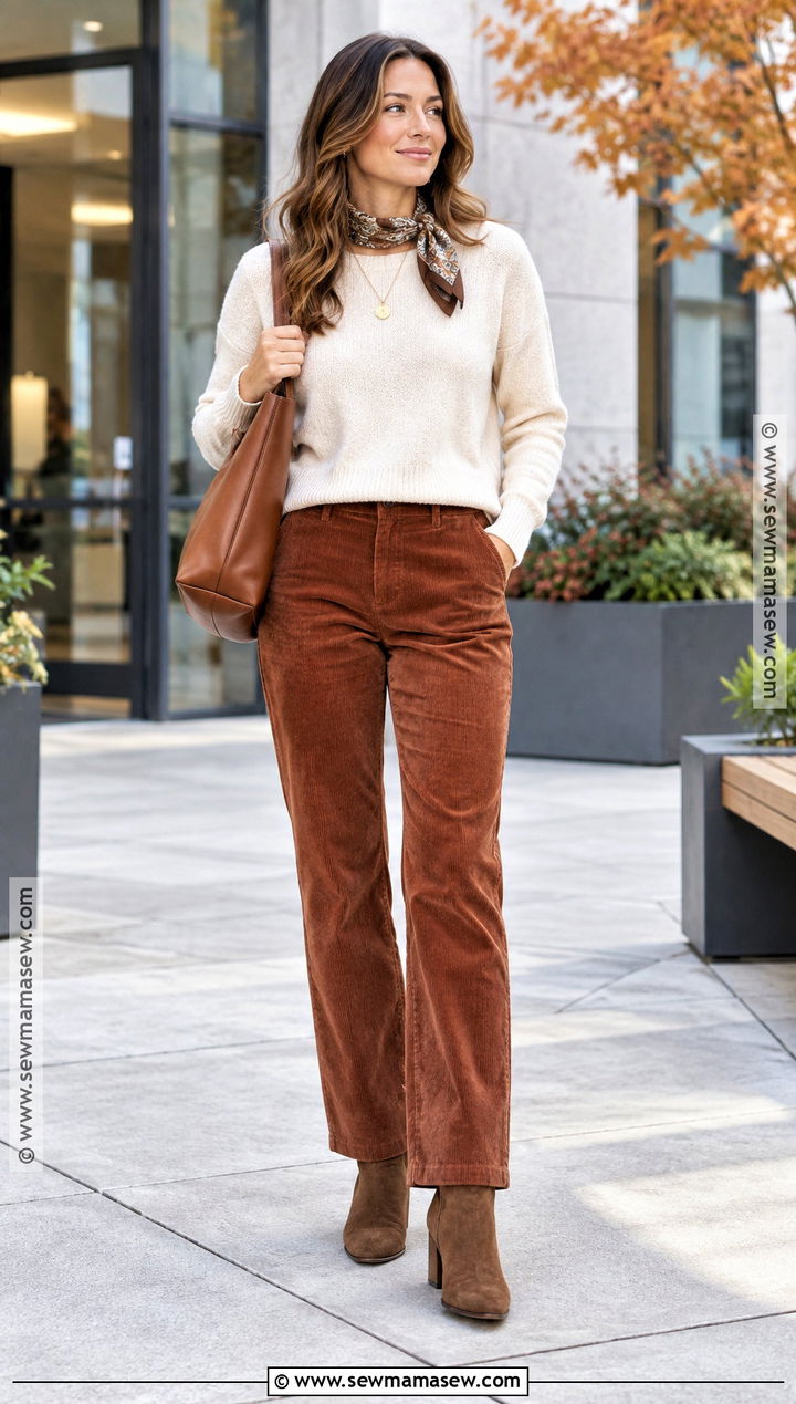 Corduroy Pants With Crewneck Sweater And Boots - 25 comfortable fall outfits
