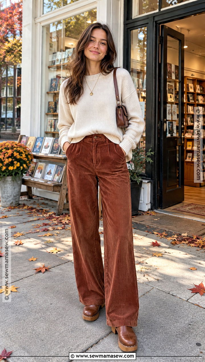 Corduroy Pants With Crewneck Sweater - 25 fall day outfit ideas