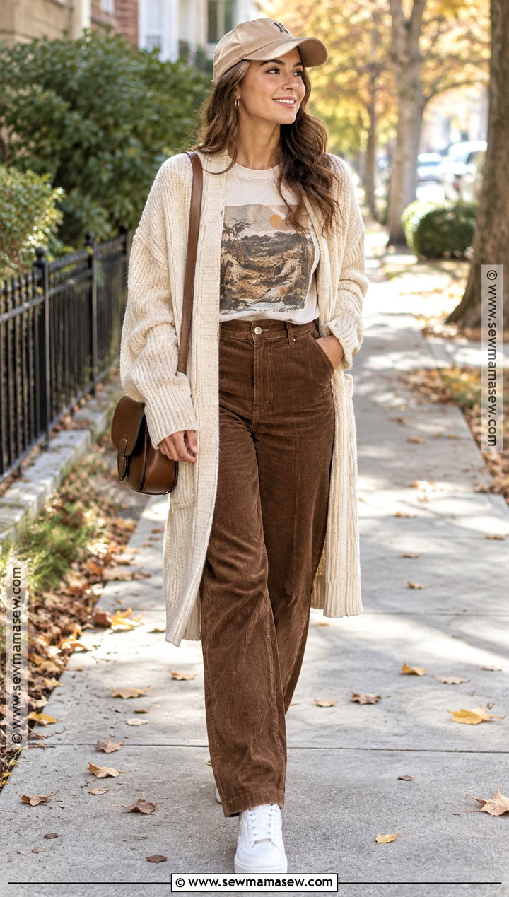 Corduroy Pants With Graphic Tee And Long Cardigan - 20 Cordoury Pants Outfits Fall