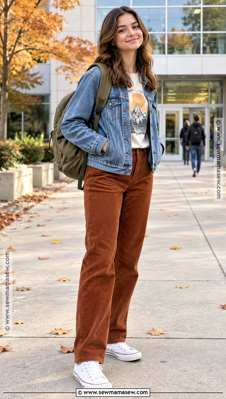 Corduroy Pants With Graphic Tee and Denim Jacket - 15 pants for back to school