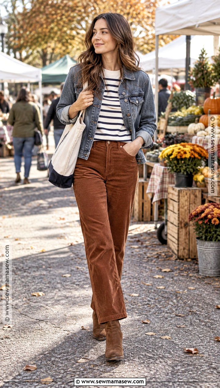 Corduroy Pants With Striped Shirt and Denim Jacket - 25 Autumn Outfits Pants