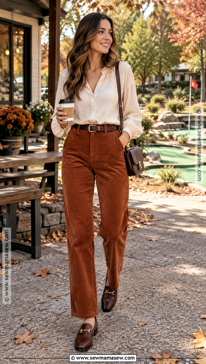 Corduroy Pants and Blouse Fall First Date Outfit - 15 1st date outfit casual fall ideas
