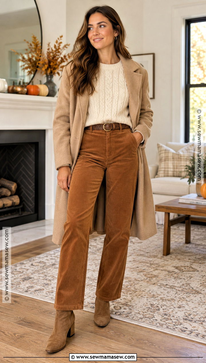 Corduroy Pants and Cable Knit Sweater Thanksgiving Outfit - 20 outfits for thanksgiving for women