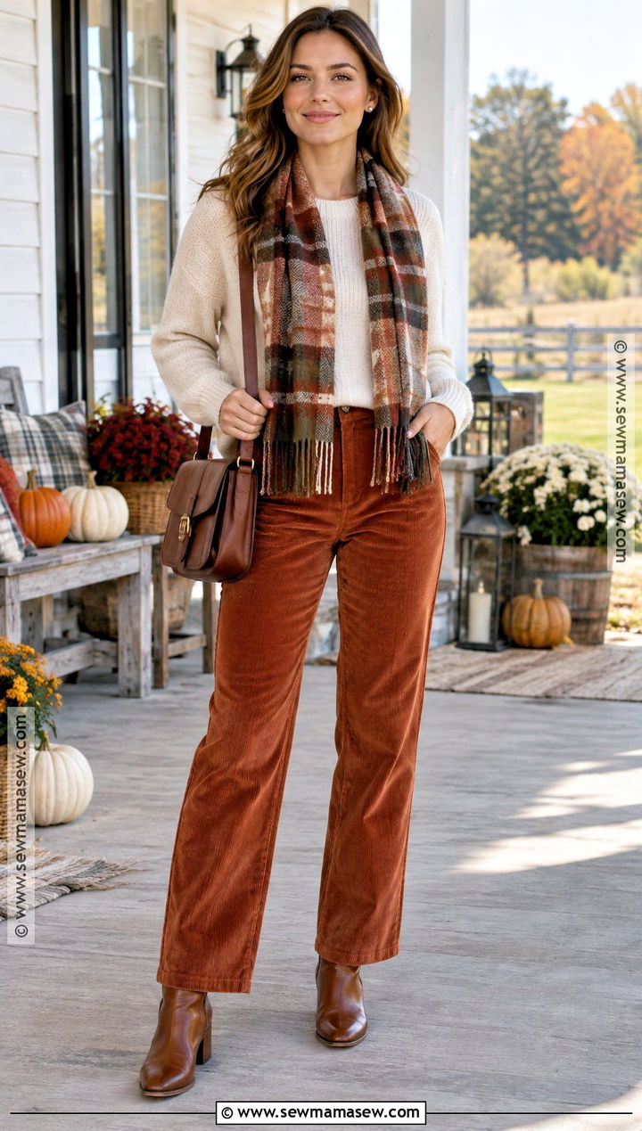Corduroy Pants and Cream Sweater Fall Harvest Party Outfit - 15 Fall Harvest Party Attire Ideas
