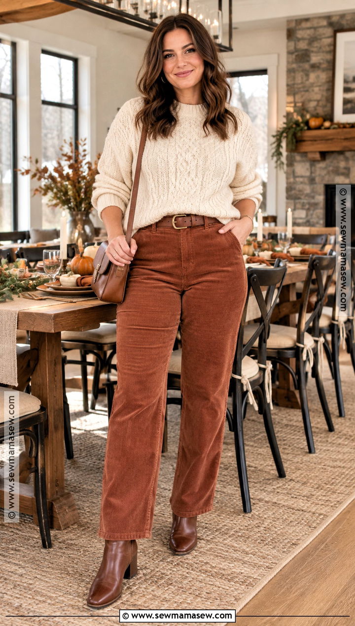Corduroy Pants and Cream Sweater Friendsgiving Outfit - 25 Friendsgiving Outfits for Women