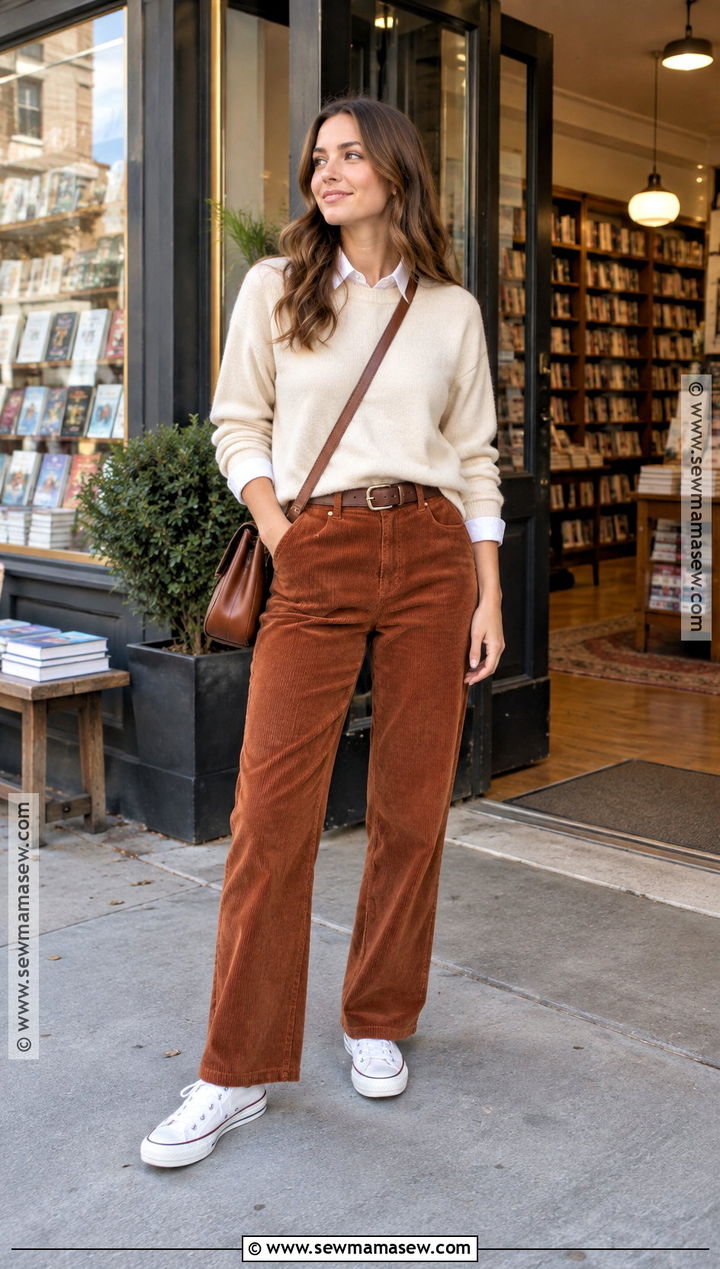 Corduroy Pants and Crewneck Sweater Converse Outfit - 20 converse fall outfits