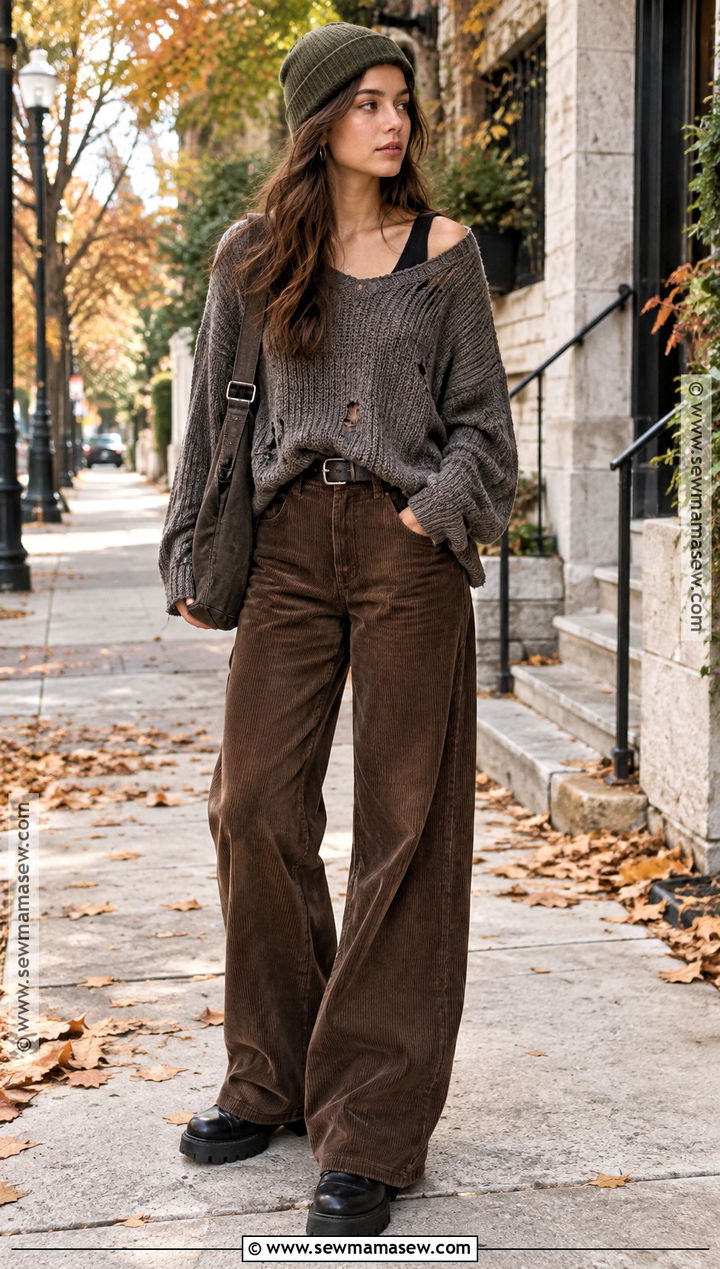 Corduroy Pants and Distressed Sweater Fall Grunge Outfit - 15 cute fall grunge outfits