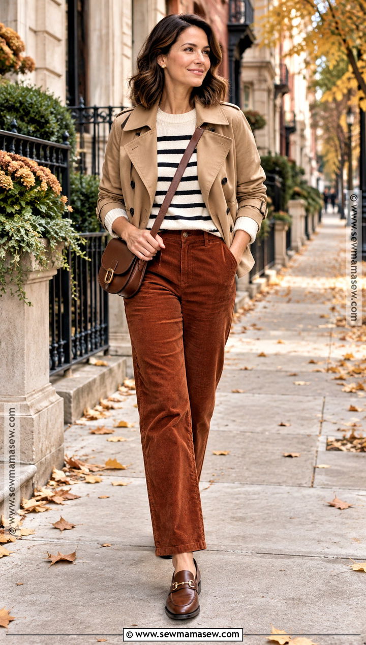 Corduroy Pants and Striped Sweater Fall Outfit - 15 fall outfits for moms over 30