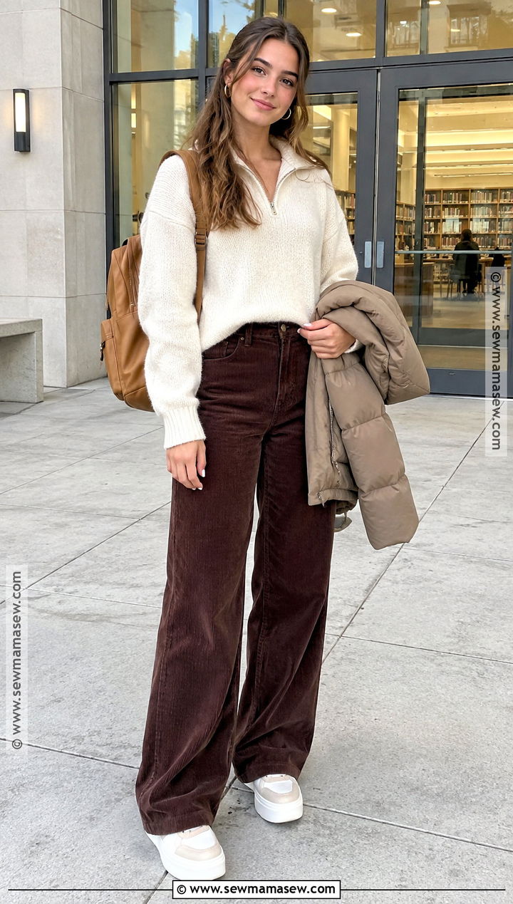 Corduroy Pants and Zip Up Sweater Fall School Outfit - 20 fall baddie outfits for school