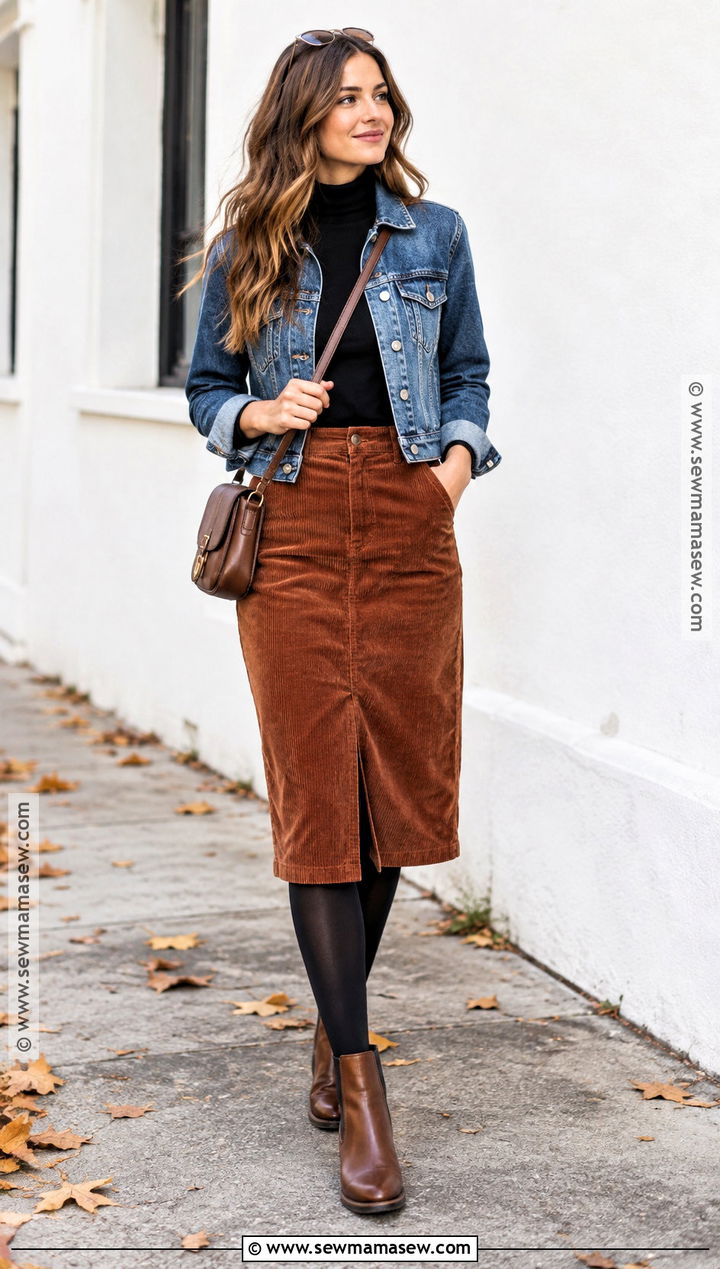 Corduroy Pencil Skirt With Turtleneck - 20 fall pencil skirt outfits