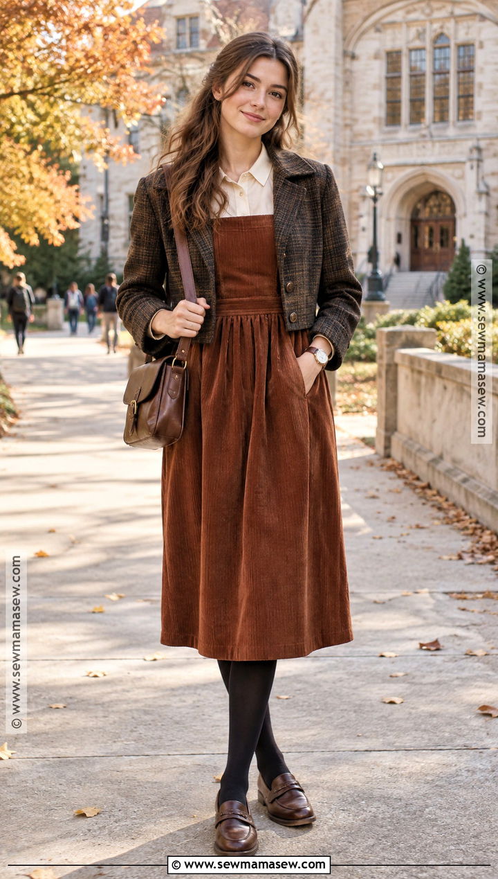 Corduroy Pinafore Dress With Blouse - 25 autumn dress outfit ideas
