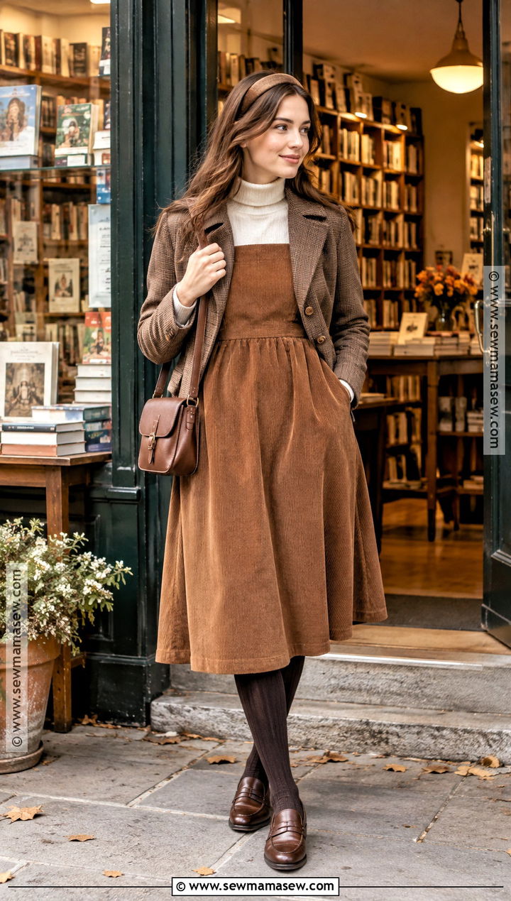 Corduroy Pinafore Dress With Fitted Turtleneck - 20 fall outfits dresses