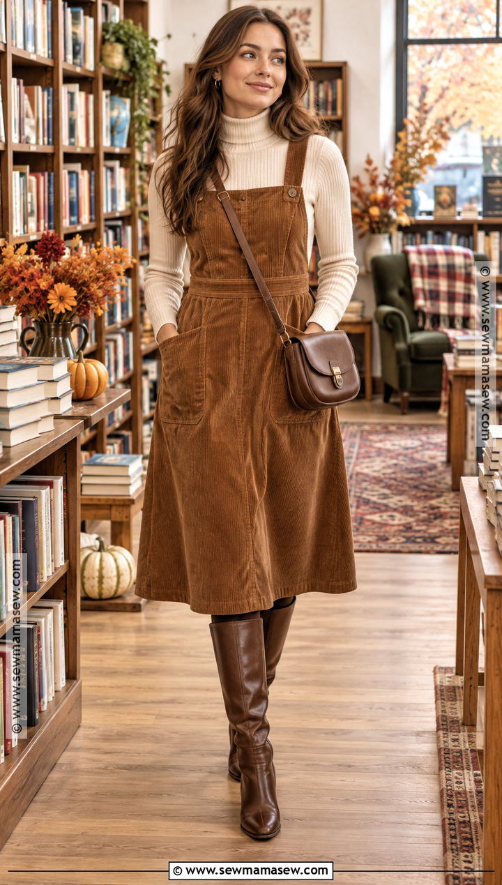 Corduroy Pinafore Dress With Knee High Boots - 25 fall dresses with boots