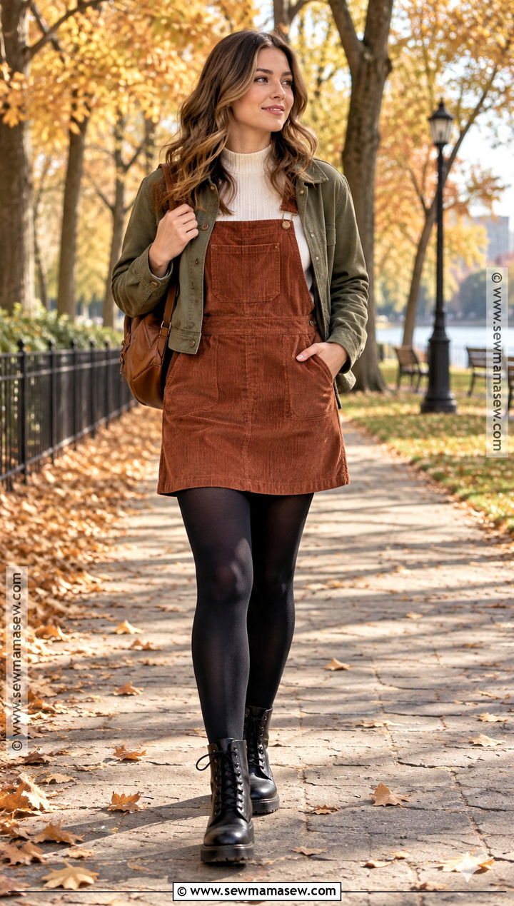 Corduroy Pinafore Dress With Tights And Combat Boots - 15 fall outfits with tights and boots