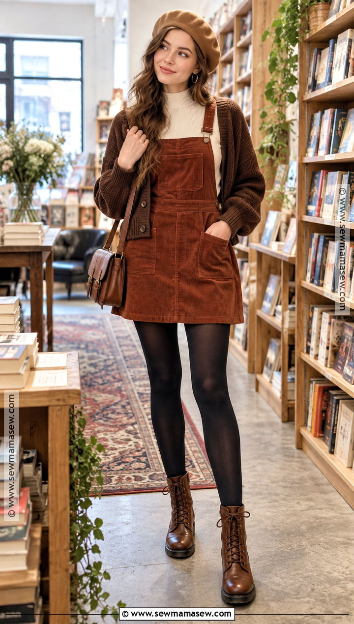 Corduroy Pinafore Dress With Tights And Lace Up Boots - 15 fall dress with tights and boots