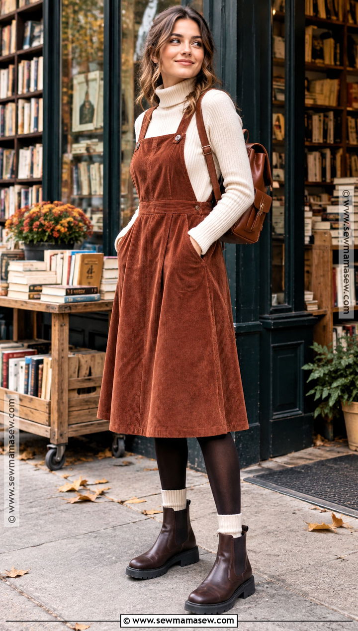 Corduroy Pinafore Dress With Turtleneck And Boots - 15 autumn day dresses