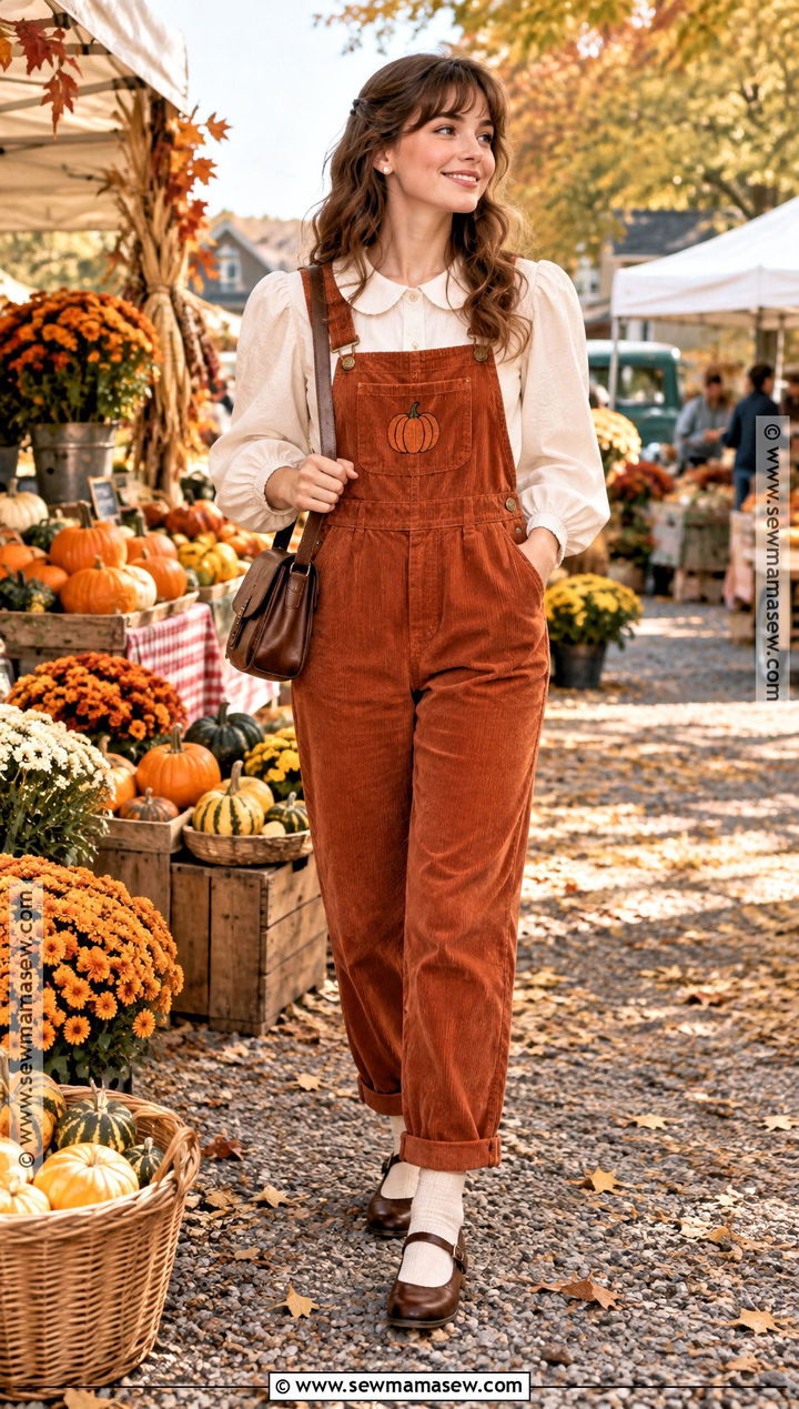 Corduroy Pumpkin Overalls With White Blouse - 15 Pumpkin Overalls